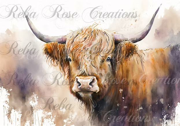 Reba Rose Creations - Watercolor Highland Cow