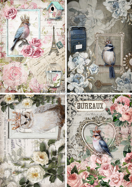 Decoupage Queen Rice Paper A4 - Crowned Birds Four Pack