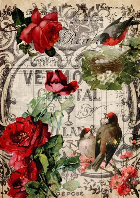 Decoupage Queen Rice Paper A3 - Red Roses and Birds